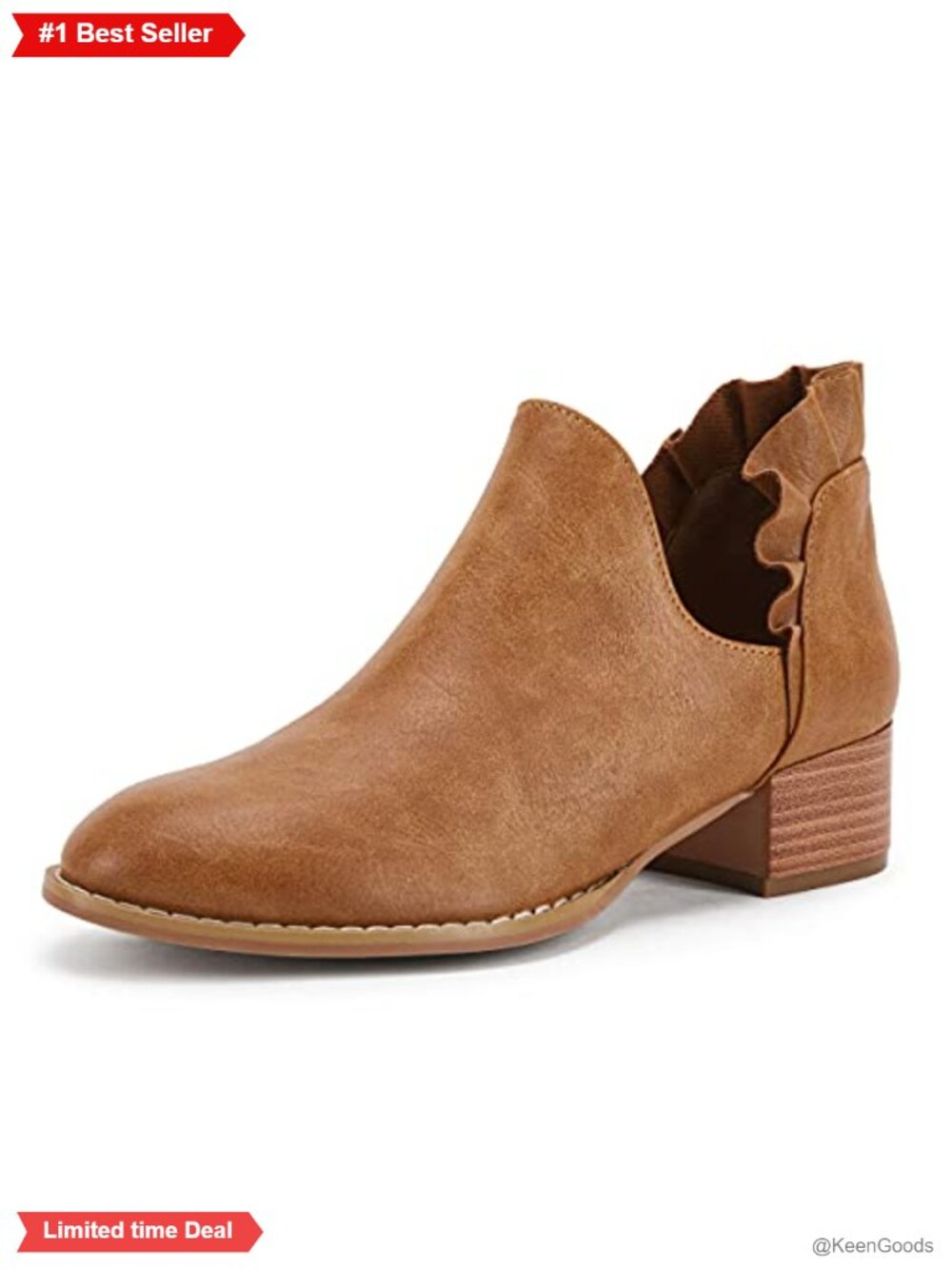 Faux Leather Ruffled Ankle Boots Pointed Toe Chunky Low Heel Western Booties